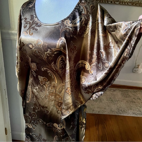 Vintage Gold 60s 70s silky Paisley Kaftan Mini butterfly Dress Angel Sleeves - Picture 4 of 16